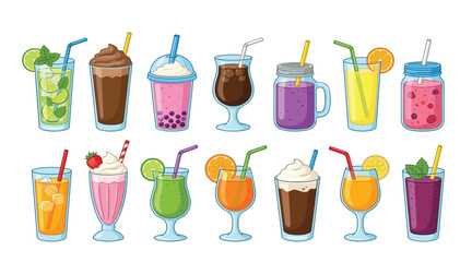 Summer cold drinks and fruit smoothies vector illustration. Lime mojito, chocolate milkshake, boba bubble tea, iced coffee, berry smoothie jar, orange juice and cocktail beverage. © Mahamuda Studio 