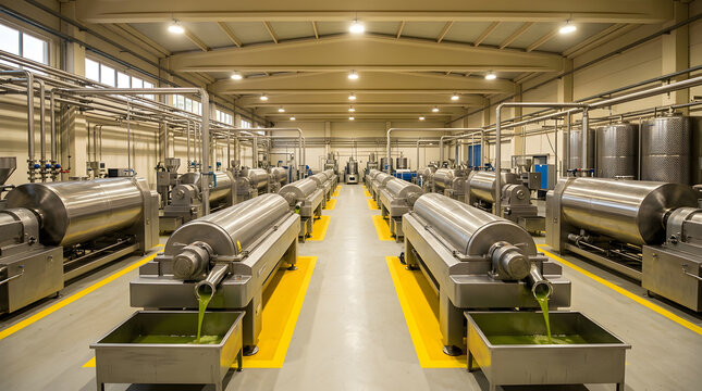 Modern olive oil production facility | Industrial olive oil extraction machinery | Extra virgin olive oil cold pressing process | Automated olive oil mill interior