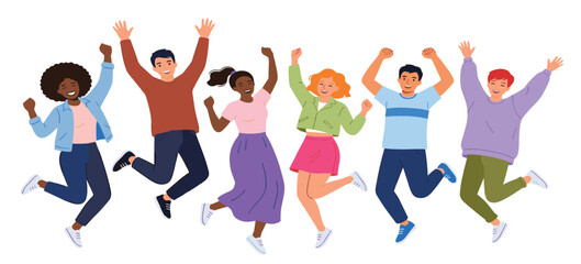Happy diverse people jumping celebration vector illustration. Young friends group, multiethnic teenagers, joyful gesture, success expression, cheerful dance and community happiness.