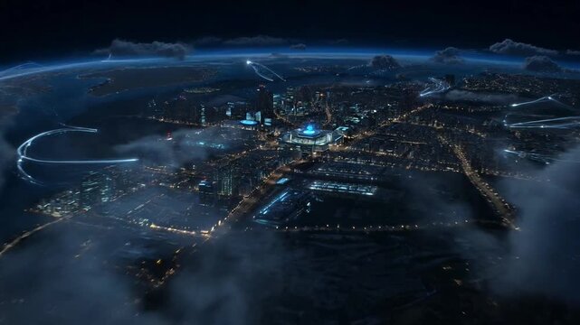 Global AI economic network overlaying a modern night city, futuristic technology digital transformation concept