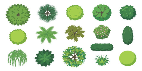 Set of fifteen different green trees and bushes for landscape design top view flat vector illustration icons © ZenVectors