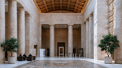 Fototapeta premium Federal courthouse rotunda echoes with footsteps of departing jury through soaring coffered ceiling, attorneys consulting near carved marble columns, security screening equipment