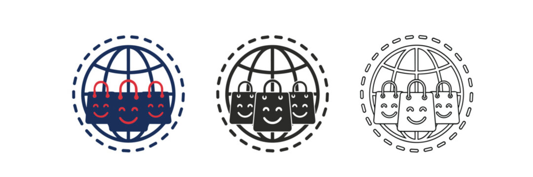 Global shopping commerce icon set. World globe, smile shopping bags, international retail trade, worldwide market delivery and online e-commerce navigation.