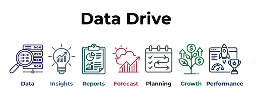 Data analytics business line icon set. Server database, insights bulb, financial report, forecast graph, planning calendar, growth plant and performance rocket.