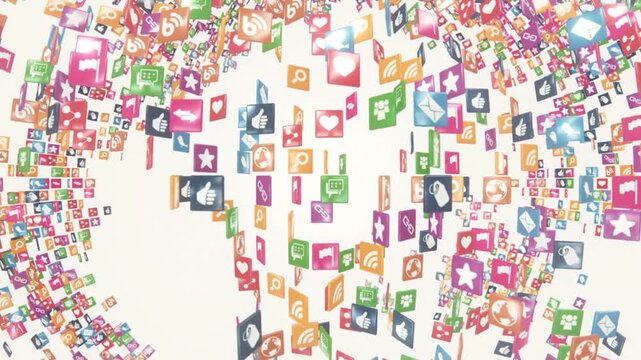 Social Media Icons Falling and Floating in a Colorful Digital Network