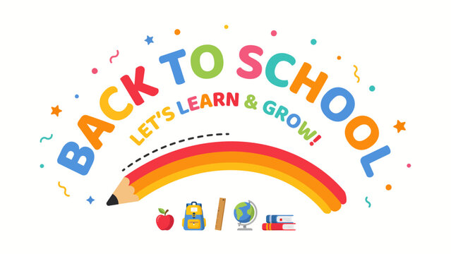 Back to school colorful illustration with rainbow and school supplies