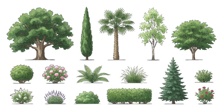 Set of various green trees and bushes including palm pine cypress oak and garden shrub plants for landscaping