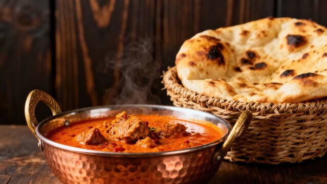 Steaming curry and naan bread