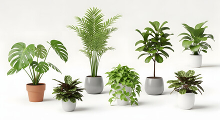 Fototapeta premium Collection of Potted Houseplants: A curated selection of diverse indoor plants, including a Monstera, a palm, and a Fiddle Leaf Fig, displayed in various stylish pots.