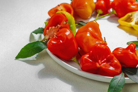Culinary background of assorted fresh chili peppers on a ceramic plate. Vibrant ingredients