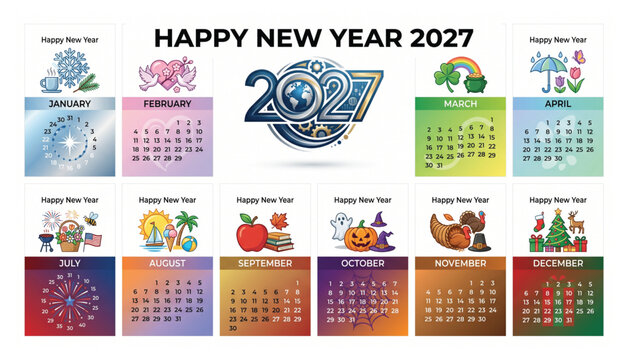 2027 annual calendar planner with seasonal illustrative icons and monthly grid calendar schedule template seasonal illustration planning organizer february september november december