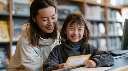 Obraz premium Beaming seven-year-old girl clutching her very first laminated library card at a checkout desk, a patient children's librarian leaning across the counter to point out the card