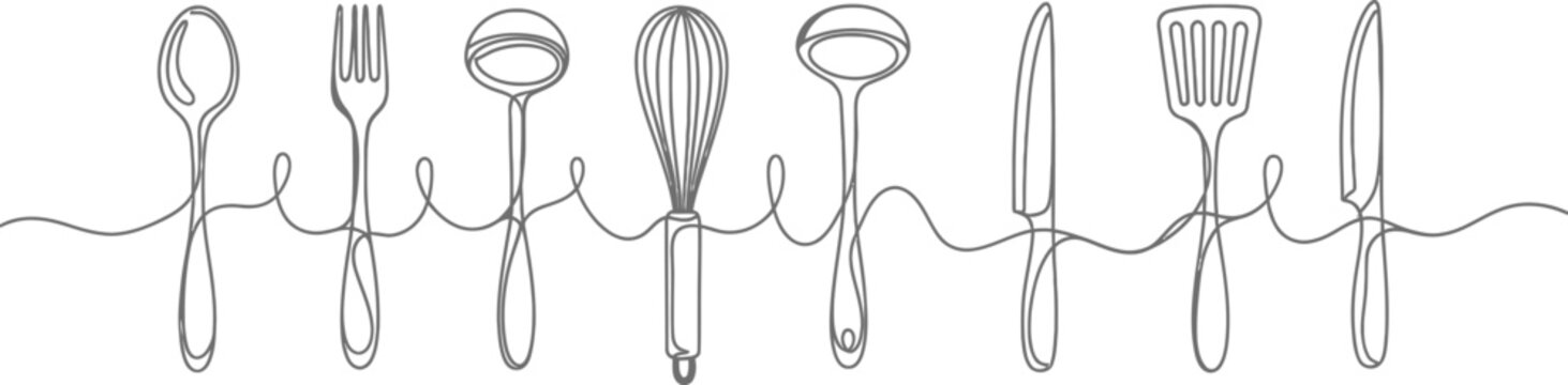 Continuous Single Line Art Drawing of Kitchen Utensils