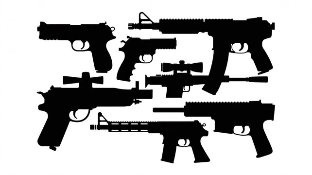 An isolated vector illustration of a black military assault rifle and automatic handgun with bullets on a white background, representing firearm weapons used in army shooting