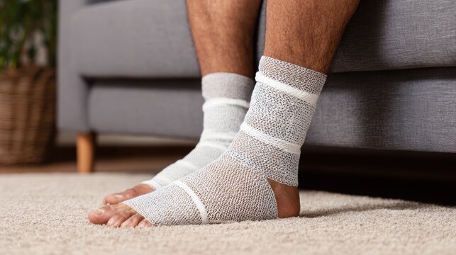 Ways to tackle ankle swelling. Person wearing ankle support braces while resting feet on a carpeted floor near a sofa.