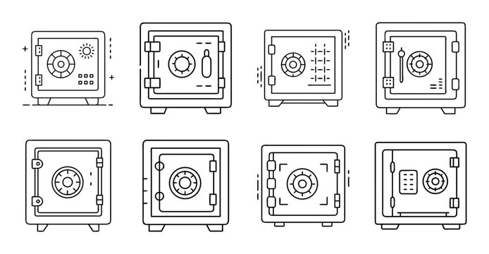 Various vintage safe deposit box icons - Eight stylized vector icons of old-fashioned safe deposit boxes in different styles and designs.