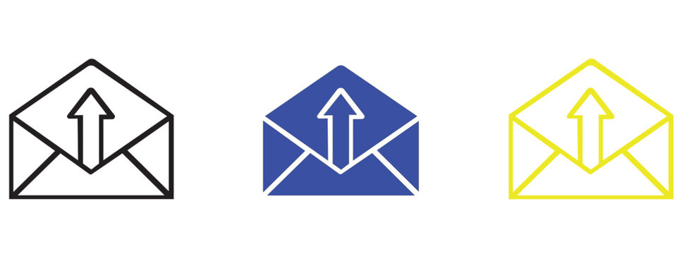 Email upload icon set in various outline and fill styles with envelope, transfer