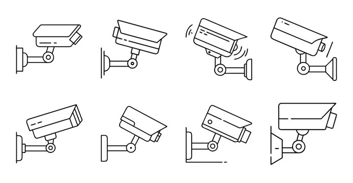 Various security cameras illustration set - Colorful set of eight different security camera icons in a flat design style for web and print use.