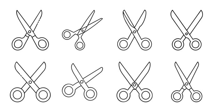 Set of scissors in various open and closed positions - Nine stylized scissors icons in different angles and states for design or illustration use.