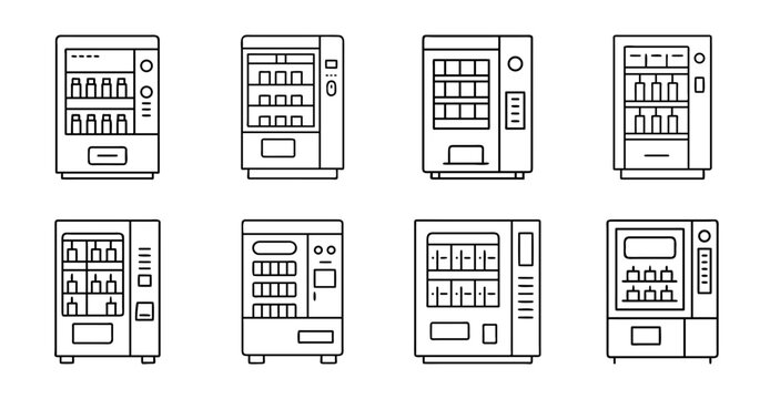 Vending Machine and Automated Retail Icon Collection - Collection of vending machine illustrations featuring automated retail kiosks, self-service snack dispensers, beverage machines, and cashless pur
