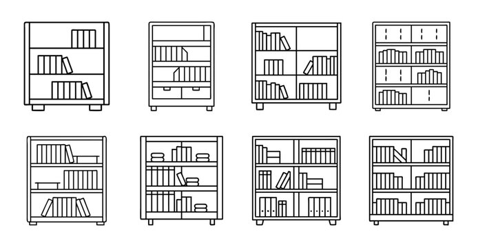 Modern library bookshelves with books and charts - Illustrated collection of organized bookshelves with books, charts, and storage units in a clean, minimalist style.