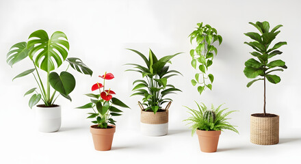 Fototapeta premium Assortment of Potted Houseplants: A curated collection of diverse indoor plants, including a Monstera deliciosa, Anthurium, Areca palm, and Fiddle-leaf fig, showcased in various stylish pots.