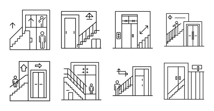 Flat design icons of people using staircases and elevators - Set of flat icons showing accessibility options with people using stairs, escalators, and elevators in a clean and modern style.