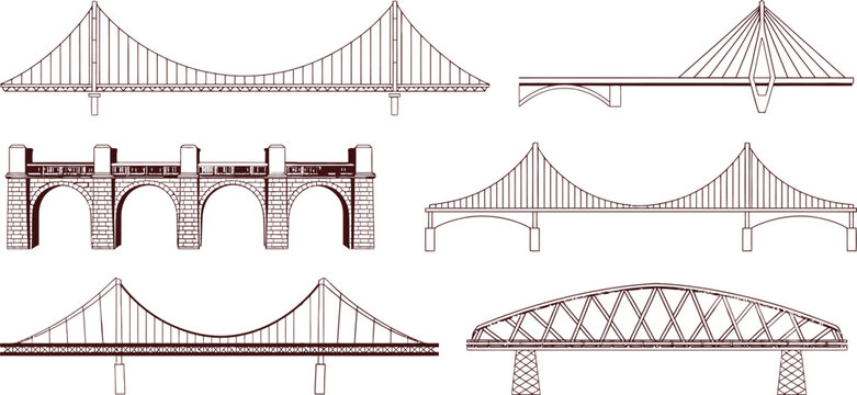 Bridge designs, suspension bridges, arch bridges, engineering icons, construction elements, vector graphics