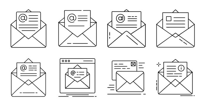 Set of colorful envelope email icons - Nine stylized vector icons showing different envelope styles for emails, messages, and notifications in flat design.