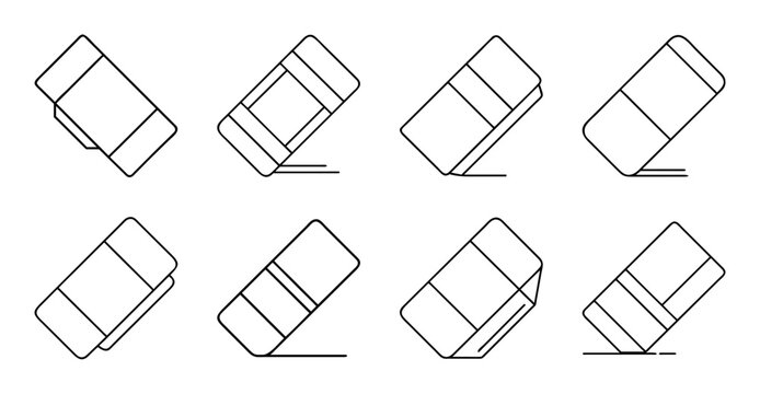 Various eraser icons in simple line art style - Clean collection of different shaped erasers illustrated as minimalist line icons for design and digital projects.