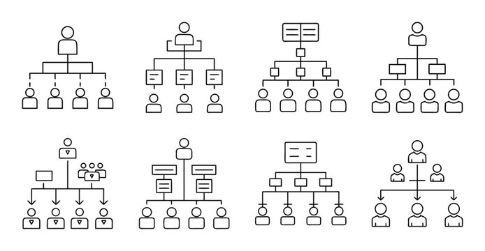 Family and organizational hierarchy flowchart icons - Colorful set of vector icons depicting family trees and organizational charts with people and structure symbols.