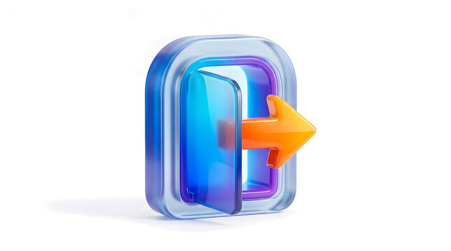 3D Glass Style Exit Icon, Transparent Glossy Logout Button, Modern UI UX Interface Symbol, Glassmorphism Design Element Isolated on White Background, High Resolution
