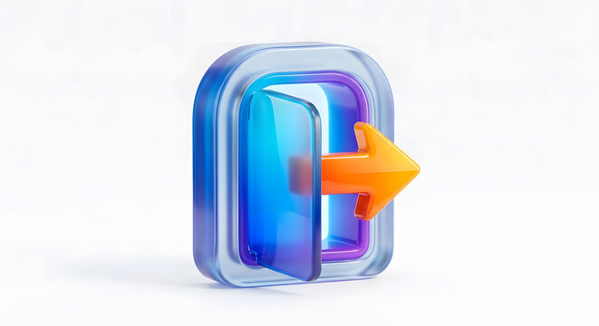 3D Transparent Glass Logout Icon, Glossy Exit Button UI Element, Modern Glassmorphism Interface Symbol Isolated on White Background, High Resolution User Interface Design
