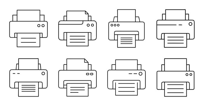 Flat line icons of different printers - Minimalist vector icons showing eight unique printer styles with paper sheets and document symbols.