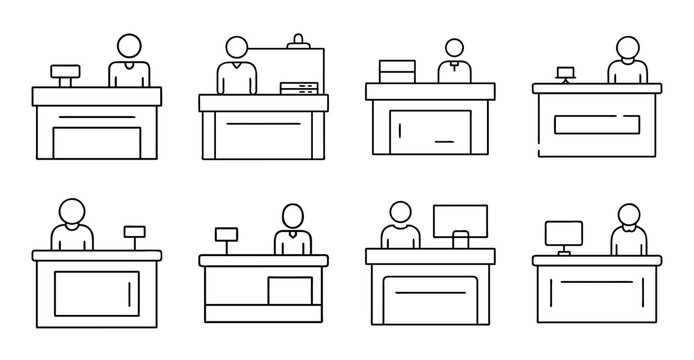 Eight receptionist desk icons with people - Simple vector icons showing different reception desks with staff members working in an office environment.