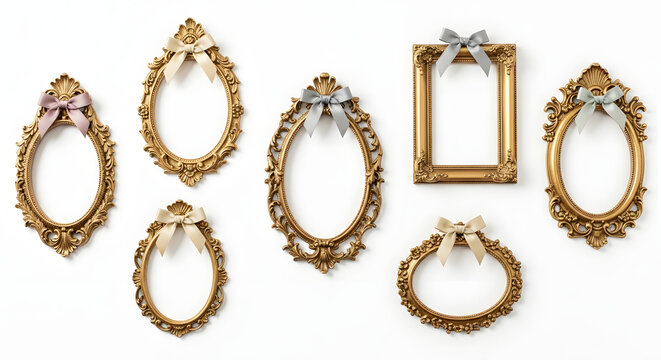 Collection of Ornate Golden Frames: A curated ensemble of vintage, gilded picture frames, each adorned with a delicate ribbon bow, arranged artistically.