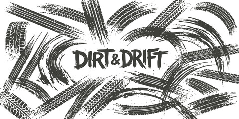 Black tire tracks and skid marks pattern with dirt and drift text design for rally race or automotive theme © ZenVectors