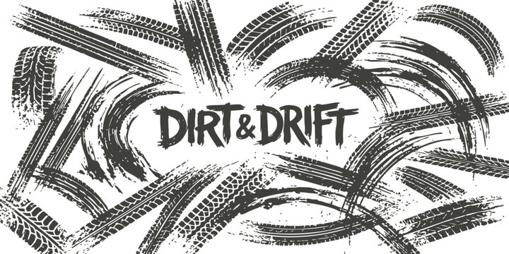 Black tire tracks and skid marks pattern with dirt and drift text design for rally race or automotive theme