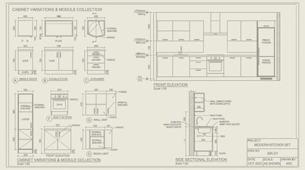 Fototapeta premium AutoCAD drawing sheet displays modern kitchen set cabinet variations and module collection