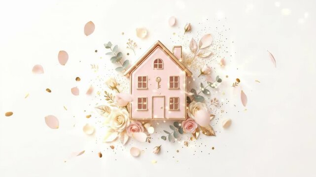 Pink toy house with key surrounded by roses and eucalyptus leaves. Dream home concept in elegant floral arrangement. Real estate invitation and housewarming design