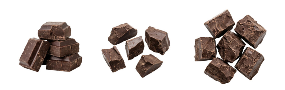 Groups of Broken Chunks and Pieces of Dark Chocolate Bars Isolated on Transparent Background