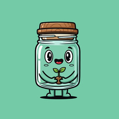 Fototapeta premium Cute cartoon jar character holding a small plant sprout.