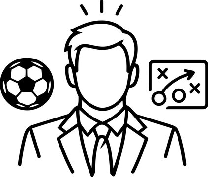 Soccer coach contemplating strategy with ball and playbook on transparent background for sports analysis