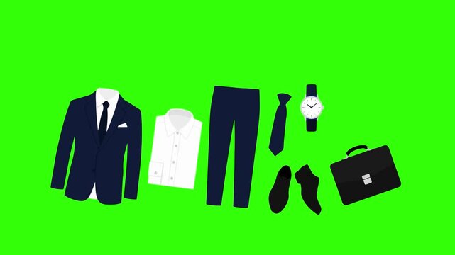 Greenscreen animation of professional gear with suit, shirt, tie, pants, shoes, watch and briefcase 