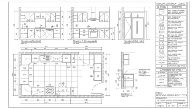 Architectural presentation board shows kitchen set DWG technical drawings and layout plans
