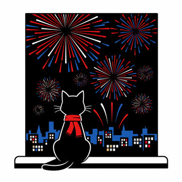 Black cat wearing red scarf watching fireworks.