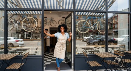 Fototapeta premium Smiling African American Female Small Business Owner Standing in the Doorway of Her Modern Cafe and Bicycle Shop