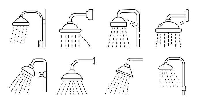 Eight modern showerhead designs in a row - Eight different showerhead styles displayed in a clean, simple layout for design inspiration and comparison.