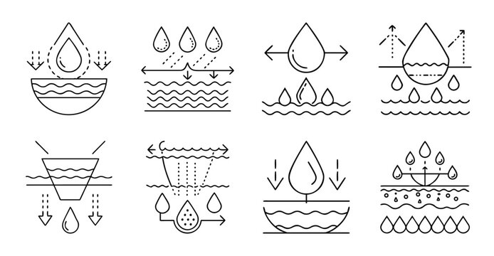 Water cycle and precipitation vector icons - Set of simple vector icons illustrating water cycle stages, evaporation, condensation, and precipitation processes