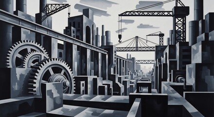 Fototapeta premium Monochromatic Industrial Landscape with Gears and Cranes.